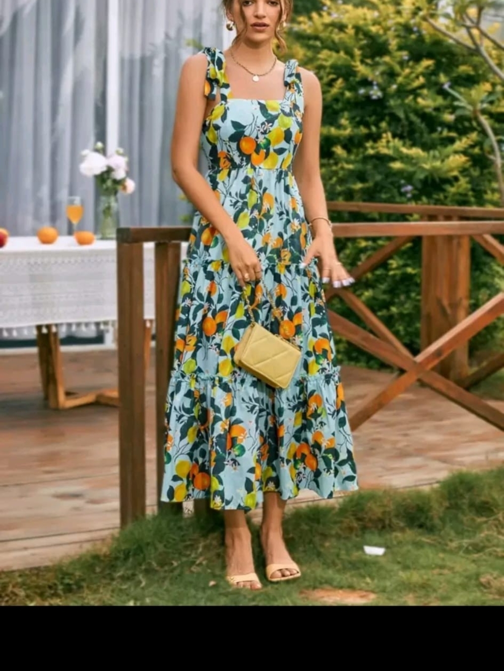 Floral Tie-Shoulder Midi Dress in Light Blue and Orange